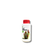 White bottle with red cap and plant label on a white background